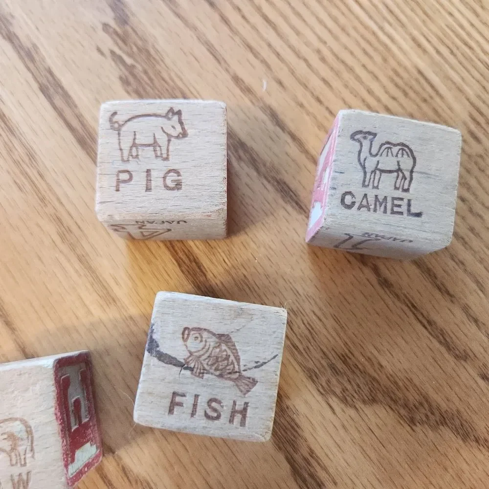 11 vintage wood building blocks-letters numbers & animals red blue yellow green